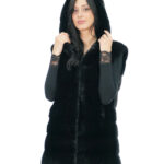 Horizontal mink fur vest 48 black long 80 cm closure hooks hood lined fur