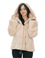 Light Pink Horizontal Fur Mink Jacket 44 Hood Coated Fur Long Sleeve Closure Hooks