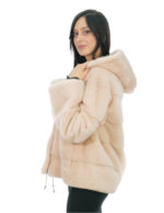 Light Pink Horizontal Fur Mink Jacket 44 Hood Coated Fur Long Sleeve Closure Hooks - Image 2