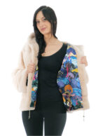 Light Pink Horizontal Fur Mink Jacket 44 Hood Coated Fur Long Sleeve Closure Hooks - Image 6