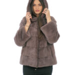 Mink jacket horizontal fur onion taupe 46 hood covered fur long sleeve
