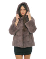 Nerz Jacke horizontal Pelz Zwiebel Taupe 46 Kapuze bezogen Pelz lange Ärmel