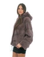 Nerz Jacke horizontal Pelz Zwiebel Taupe 46 Kapuze bezogen Pelz lange Ärmel – Bild 3