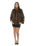 Mink fur jacket demi 42 pistagna collar long sleeve full leather and horizontal bands half fur bottom and sleeves - Image 4