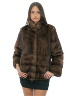 Mink fur jacket demi 42 pistagna collar long sleeve full leather and horizontal bands half fur bottom and sleeves