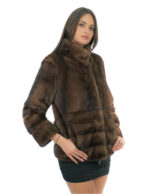 Mink fur jacket demi 42 pistagna collar long sleeve full leather and horizontal bands half fur bottom and sleeves - Image 2