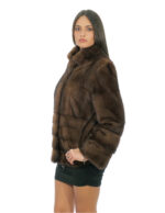 Mink fur jacket demi 42 pistagna collar long sleeve full leather and horizontal bands half fur bottom and sleeves - Image 3
