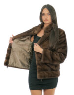 Mink fur jacket demi 42 pistagna collar long sleeve full leather and horizontal bands half fur bottom and sleeves - Image 6