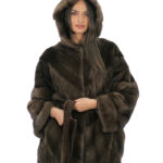 Mink cape full skins V-knit 48-56 demi three-quarter sleeve fur-lined hood