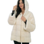Optical white mink fur coat 50 long 72cm long sleeve hood lined fur hooks