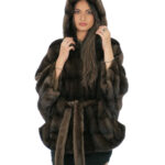 Mink cape full skins horizontal knit 48-56 demi three-quarter sleeve fur-lined hood