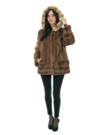 Vertical and horizontal mink coat with rex fur 50 demi hood edged long sleeve closure hooks - Image 4