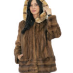 Vertical and horizontal mink coat with rex fur 50 demi hood edged long sleeve closure hooks