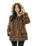 Vertical and horizontal mink coat with rex fur 50 demi hood edged long sleeve closure hooks