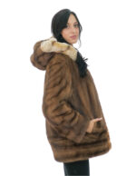 Vertical and horizontal mink coat with rex fur 50 demi hood edged long sleeve closure hooks - Image 2
