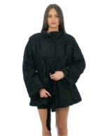 Black Persian fur coat 54 with inner belt, long sleeve waist and piping collar
