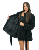 Black Persian fur coat 54 with inner belt, long sleeve waist and piping collar - Image 6