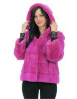 Giacca in pelliccia di visone orizzontale fucsia 48 con cappuccio foderato pelli visone manica lunga ganci