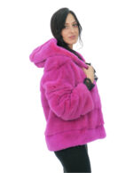 Giacca in pelliccia di visone orizzontale fucsia 48 con cappuccio foderato pelli visone manica lunga ganci