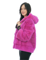 Giacca in pelliccia di visone orizzontale fucsia 48 con cappuccio foderato pelli visone manica lunga ganci