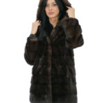 Mahogany Fur Coat Mink Horizontal 42 Hood Lined Mink Skins Long Sleeve External Pockets
