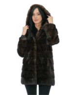 Меховая шуба из красного дерева норка горизонтальная 42 капюшона на подкладке норковые шкуры длинные рукава внешние карманы