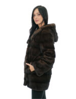 Меховая шуба из красного дерева норка горизонтальная 42 капюшона на подкладке норковые шкуры длинные рукава внешние карманы — изображение 2