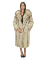 Very long 108cm white threaded fox coat with long sleeves and fabric lined hood - Image 4