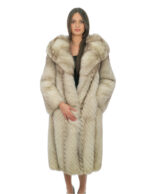 Very long 108cm white threaded fox coat with long sleeves and fabric lined hood