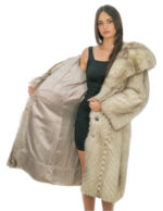 Very long 108cm white threaded fox coat with long sleeves and fabric lined hood - Image 6