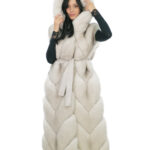 White gradient fox hood 46 vest with leather outer belt and fox leather lined hood
