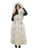White gradient fox hood 48 vest with leather outer belt and fox leather lined hood