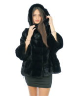 Schwarze, locker geschnittene Nerzjacke 48-56 mit Vollfellärmeln und horizontaler Fellkapuze