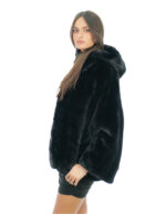 Schwarze, locker geschnittene Nerzjacke 48-56 mit Vollfellärmeln und horizontaler Fellkapuze – Bild 3