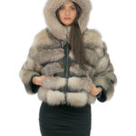 Beige Foxpelz-Bomberjacke 42 mit schwarzer pelzgefütterter Kapuze und langärmeligem Reißverschluss