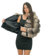 Giacca bomber in pelliccia di volpe 42 beige con cappuccio foderato pelliccia nero e zip manica lunga