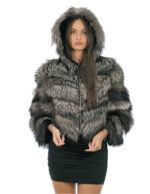 Silberfuchs-Fell-Bomberjacke 46 mit schwarzer, pelzgefütterter Kapuze und langärmeligem Reißverschluss