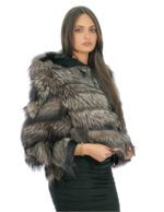 Silberfuchs-Fell-Bomberjacke 46 mit schwarzer, pelzgefütterter Kapuze und langärmeligem Reißverschluss – Bild 2