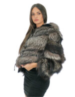 Silberfuchs-Fell-Bomberjacke 46 mit schwarzer, pelzgefütterter Kapuze und langärmeligem Reißverschluss – Bild 3