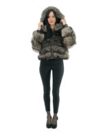 Giacca bomber in pelliccia di argentata 42 beige con cappuccio foderato pelliccia nero e zip manica lunga