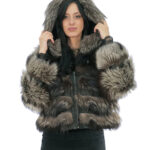 Bomber jacket in silver 42 beige fur with black fur lined hood and long sleeve zip