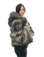 Giacca bomber in pelliccia di argentata 42 beige con cappuccio foderato pelliccia nero e zip manica lunga