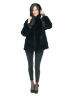 Giacca visone nero orizzontale a V pelliccia 50 manica lunga cappuccio foderato pelli visone ganci