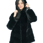 Black Mink Jacket Horizontal V Fur 50 Long Sleeve Hood Lined Mink Skins Hooks