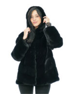 Giacca visone nero orizzontale a V pelliccia 50 manica lunga cappuccio foderato pelli visone ganci