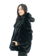 Giacca visone nero orizzontale a V pelliccia 50 manica lunga cappuccio foderato pelli visone ganci