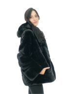 Giacca visone nero orizzontale a V pelliccia 50 manica lunga cappuccio foderato pelli visone ganci