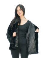 Giacca visone nero orizzontale a V pelliccia 50 manica lunga cappuccio foderato pelli visone ganci