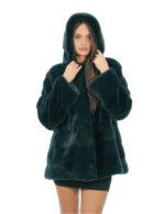 Green Mink Jacket Horizontal Fur 50 Long Sleeve Hood Lined Mink Skins Hooks
