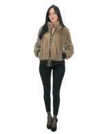 Beige 44 taupe mink fur bomber jacket with elastic sleeves and bottom zip closure with piped collar - Image 4